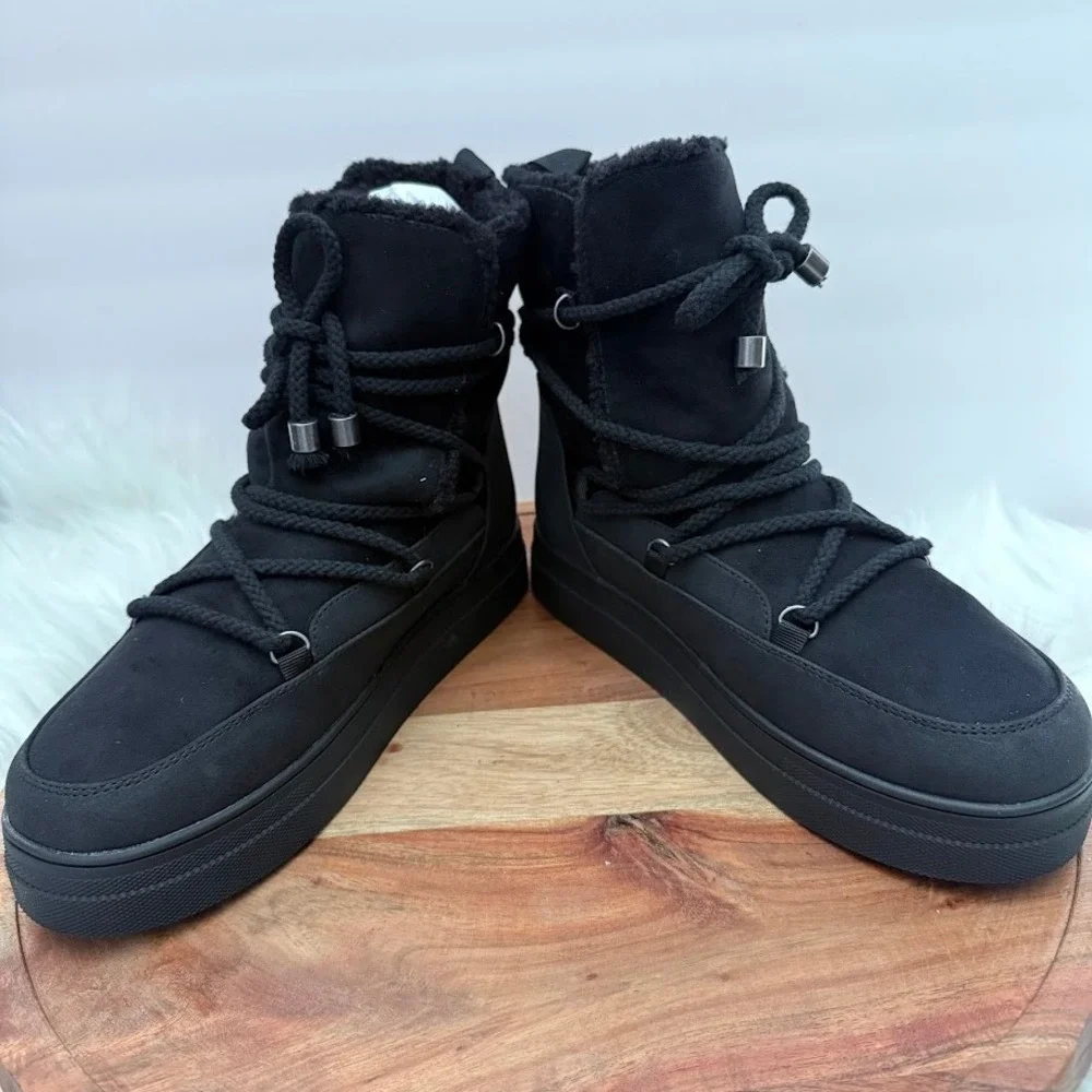 MIA Disa Black Women 7.5M Faux Suede Faux Fur Lined Platform Lace Up Boots NEW